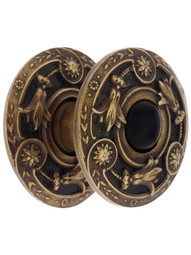 1 1/4 inch Jeweled Lily / Onyx Knobs with Back Plate in Antique Brass.